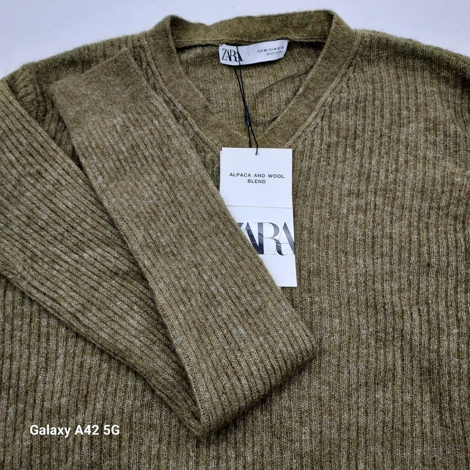 Zara Alpaca Wool Blend V Neck Ribbed Sweater Olive Green Size M New With Tags